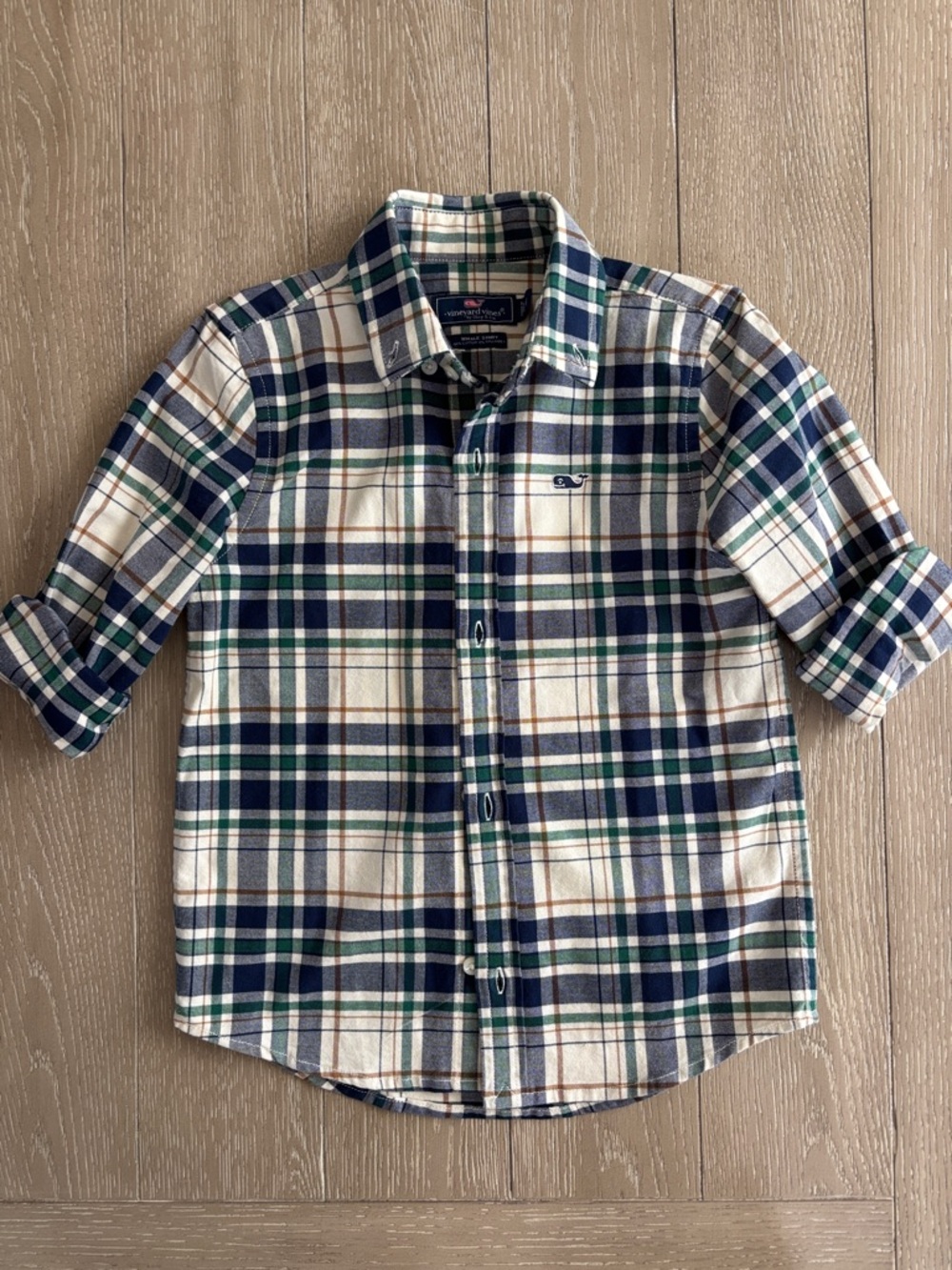 Vineyard Vines Boys Plaid Button-Down Shirt in Navy, Green & Cream
